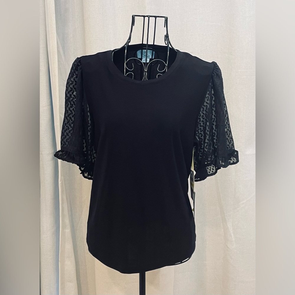 Black top with sheer design sleeves. NWT. Waited too long to return.